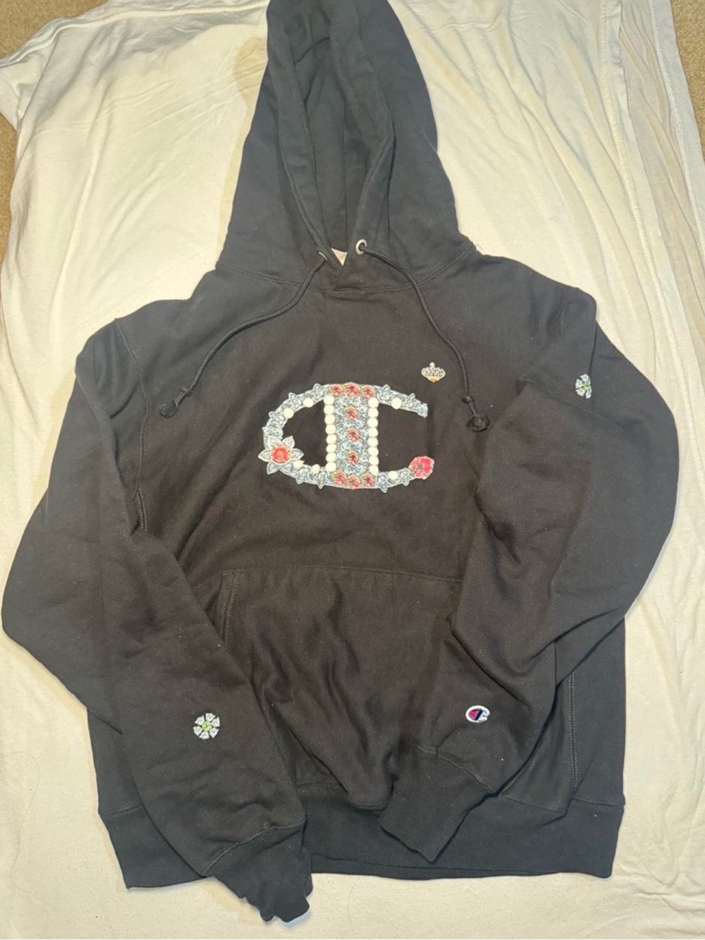 Champion Black Hoodie with Embroidered Floral Crest